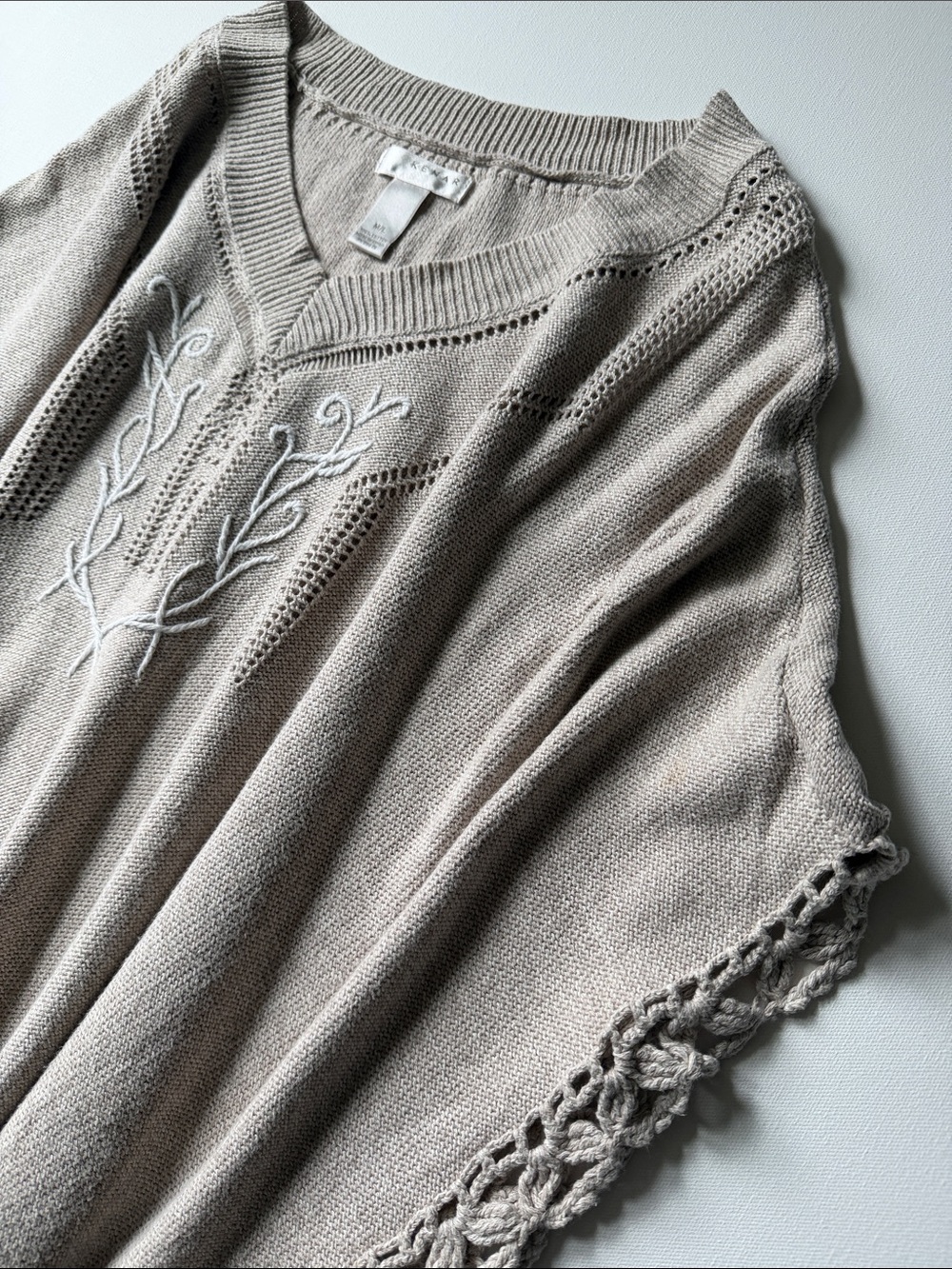 Kenar Women’s Oatmeal Cozy Knit Cotton Embroidered Poncho - SZ: M/L